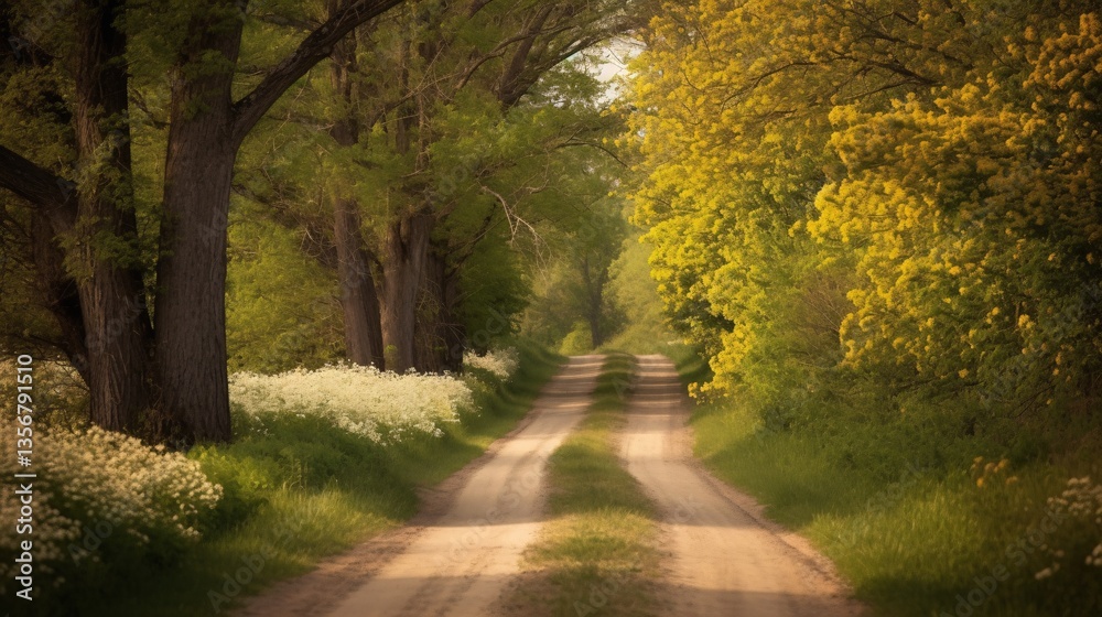 Fototapeta premium Serene Countryside Road Lined with Blooming Wildflowers and Lush Trees in Sunlight