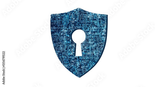 digital shield with keyhole symbolizes cybersecurity, featuring circuit board pattern. This represents protection, data security, and technology in digital context