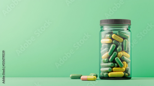 clear jar filled with green and yellow capsules is placed against matching green background, creating harmonious and vibrant composition