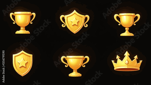 Set of golden trophies, shields and a crown on black background in reward style.