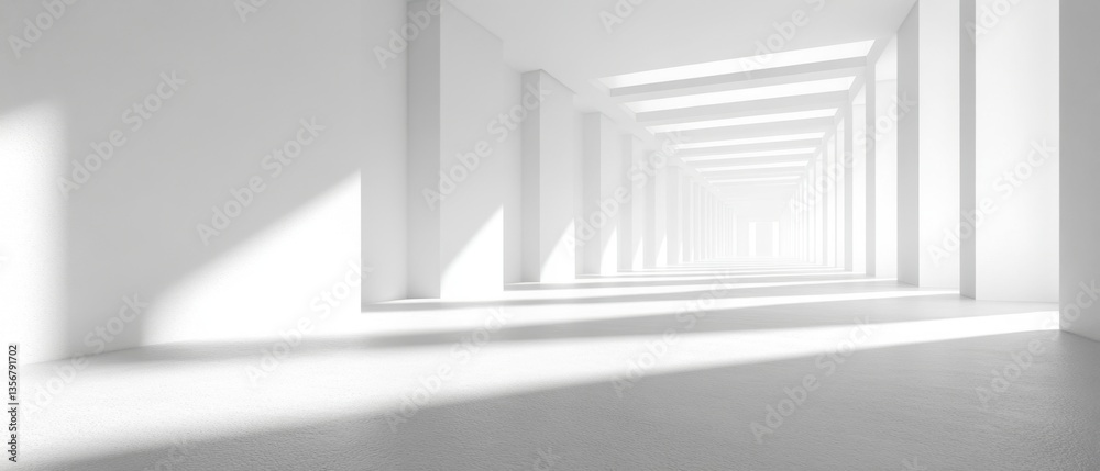 Serene white corridor with rhythmic columns casting shadows creating a minimalist architectural space and bright light emphasizing depth and perspective Serene white corridor with rhythmic columns casting shadows creating a minimalist architectural space and bright light emphasizing depth and perspective