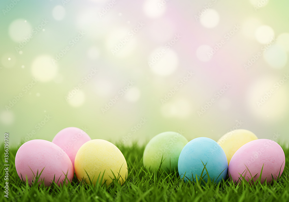 Pastel colored Easter eggs nestled in lush green grass, illuminated by a soft, dreamy bokeh background. Pastel colored Easter eggs nestled in lush green grass, illuminated by a soft, dreamy bokeh background.