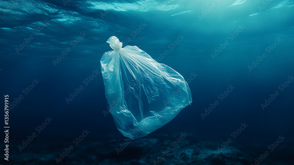 Fototapeta premium Underwater image of a plastic bag drifting in dark blue ocean water, showcasing the environmental issue of plastic pollution and its impact on marine life