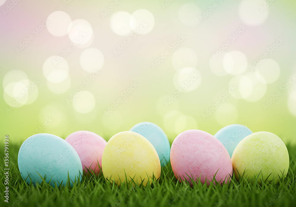 A vibrant spring scene of pastel Easter eggs nestled in lush green grass with soft bokeh lights. A vibrant spring scene of pastel Easter eggs nestled in lush green grass with soft bokeh lights.