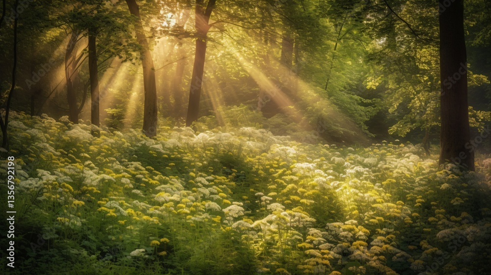 Fototapeta premium Serene Forest Meadow Bathed in Golden Light Trees and Wildflowers Tranquil Landscape Scene
