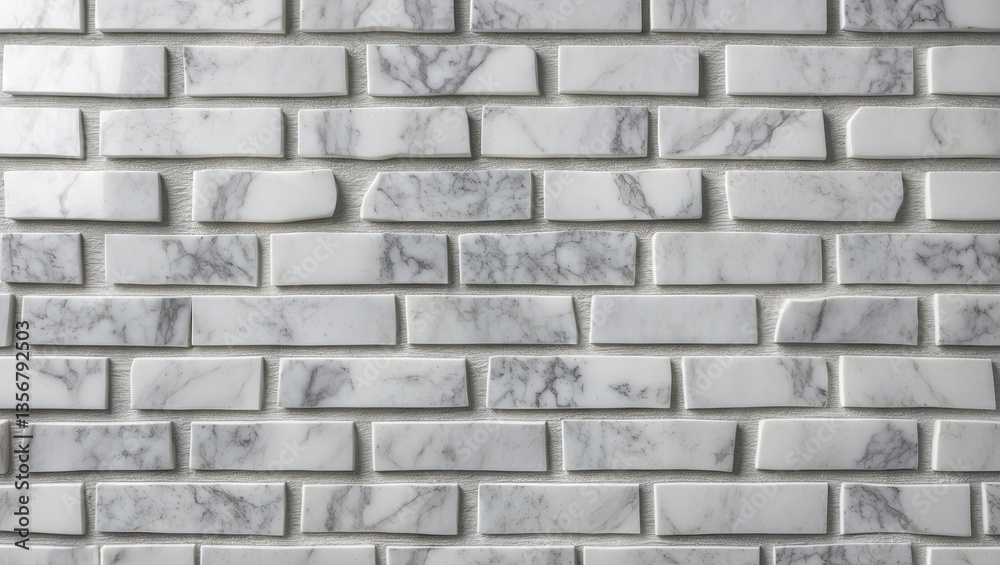 Naklejka premium White marble brick wall with varying shades of white and gray tiles arranged in a staggered brick pattern perfect for modern interior design.