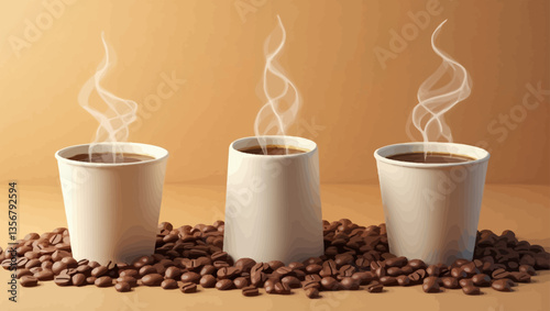 Illustration of steaming hot coffee cups surrounded by roasted coffee beans, warm coffee concept.