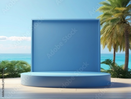 Blank blue display on vivid summer background with minimal style. Blank stand for showing product