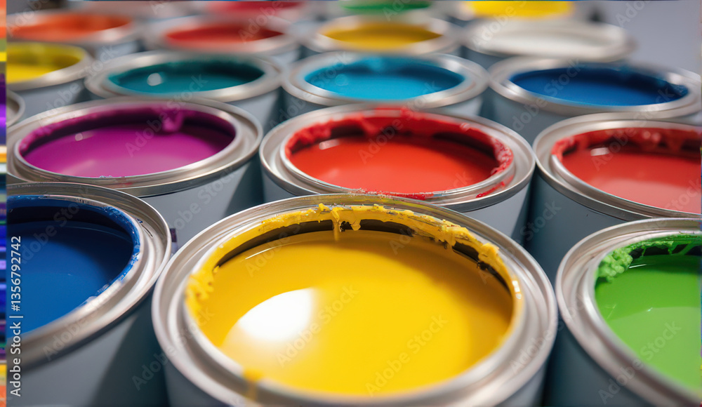 vibrant collection of open paint cans showcases spectrum of colors, including yellow, red, blue, and green, ready for creative projects. image captures vivid hues and smooth texture of paint vibrant collection of open paint cans showcases spectrum of colors, including yellow, red, blue, and green, ready for creative projects. image captures vivid hues and smooth texture of paint