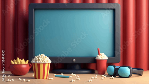 Movie night scene with TV, popcorn, soda drink, fries and 3D glasses on wooden table.