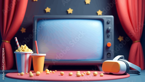 Colorful home theater illustration with vintage TV, VR headset, popcorn, soda and cartoon stars.