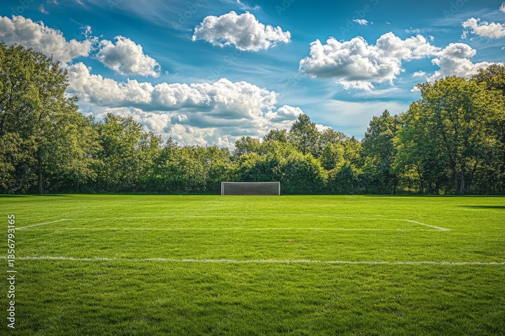Bright sunny day on a soccer field surrounded by lush trees with fluffy clouds in the sky Bright sunny day on a soccer field surrounded by lush trees with fluffy clouds in the sky