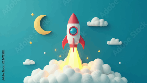 Whimsical vector of a rocket ascending from fluffy clouds toward a crescent moon and scattered stars, evoking creativity and dreams.