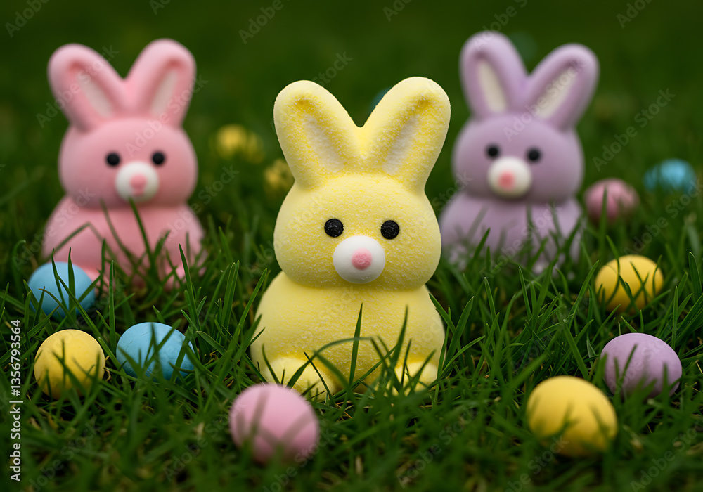 Fototapeta premium Three cute marshmallow bunnies and colorful easter eggs nestled in lush green grass for springtime.