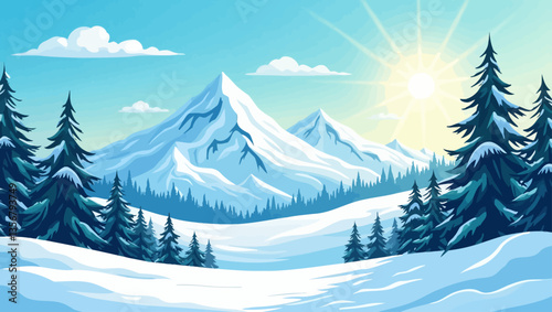 Snowy mountain landscape with pine trees, clear blue sky and shining sun in a peaceful winter scene.