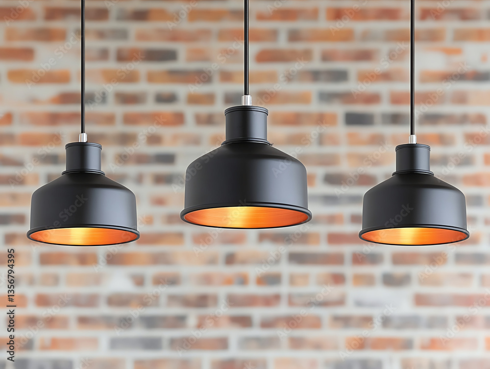 Obraz premium Stylish black pendant lights hang against rustic brick wall, showcasing modern design that emphasizes environmental reuse