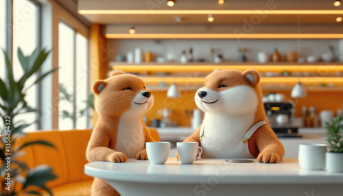 Two smiling cartoon animals enjoying coffee in a bright cafe