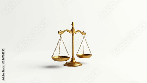 Golden balance scale in elegant style showing justice and law on a white minimalist background.
