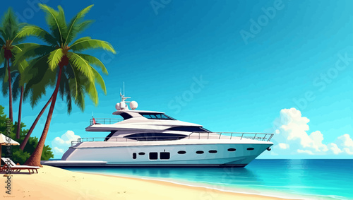 Luxury yacht docked on tropical beach with clear blue ocean and palm trees under sunny sky.