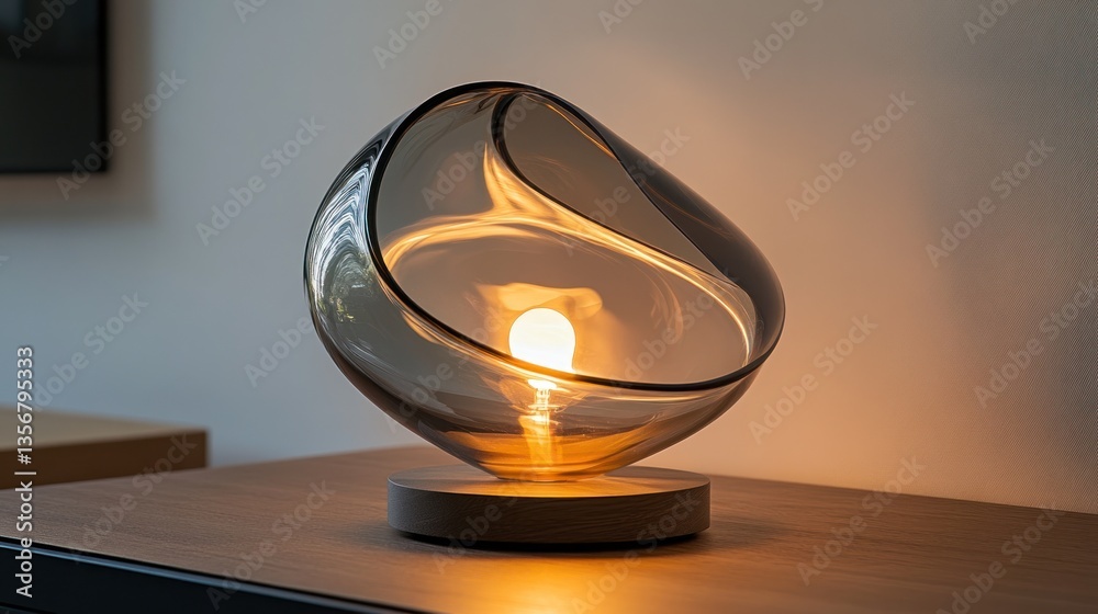 Modern glass table lamp with warm light on wooden base. Modern glass table lamp with warm light on wooden base.