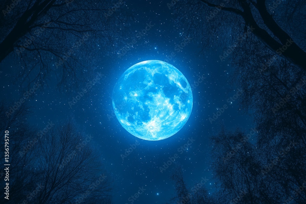 Fototapeta premium Expect a mesmerizing night with a bright blue moon illuminating the star-filled sky above silhouetted trees in a serene landscape
