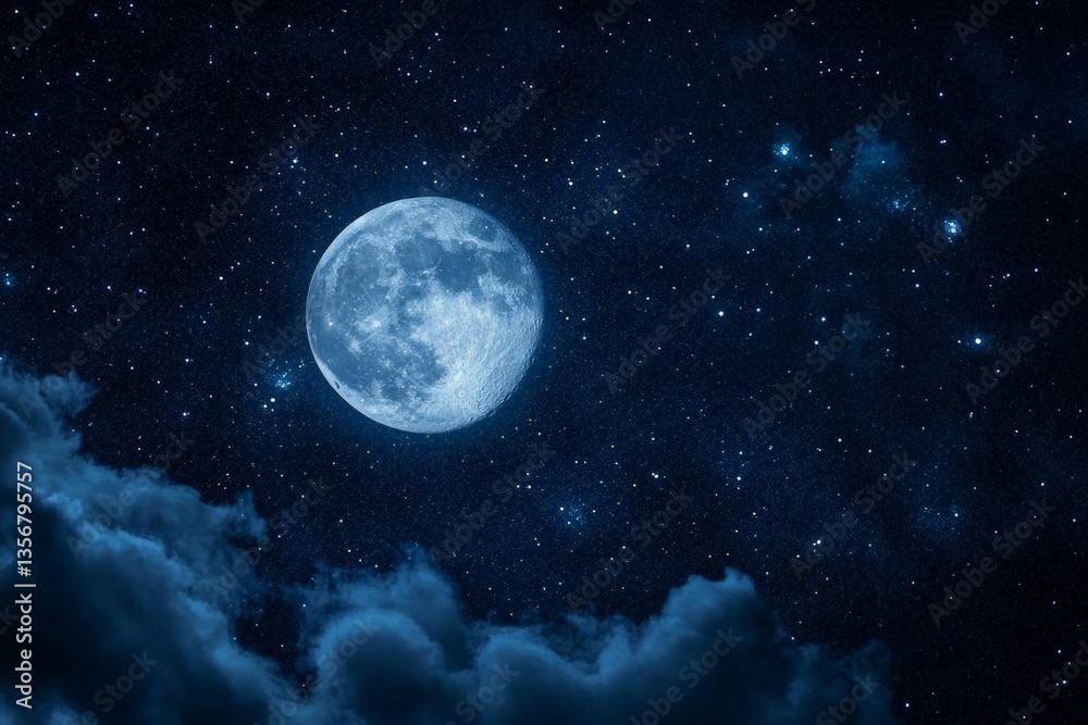 Bright full moon illuminating a starry night sky over wispy clouds in a tranquil setting Bright full moon illuminating a starry night sky over wispy clouds in a tranquil setting
