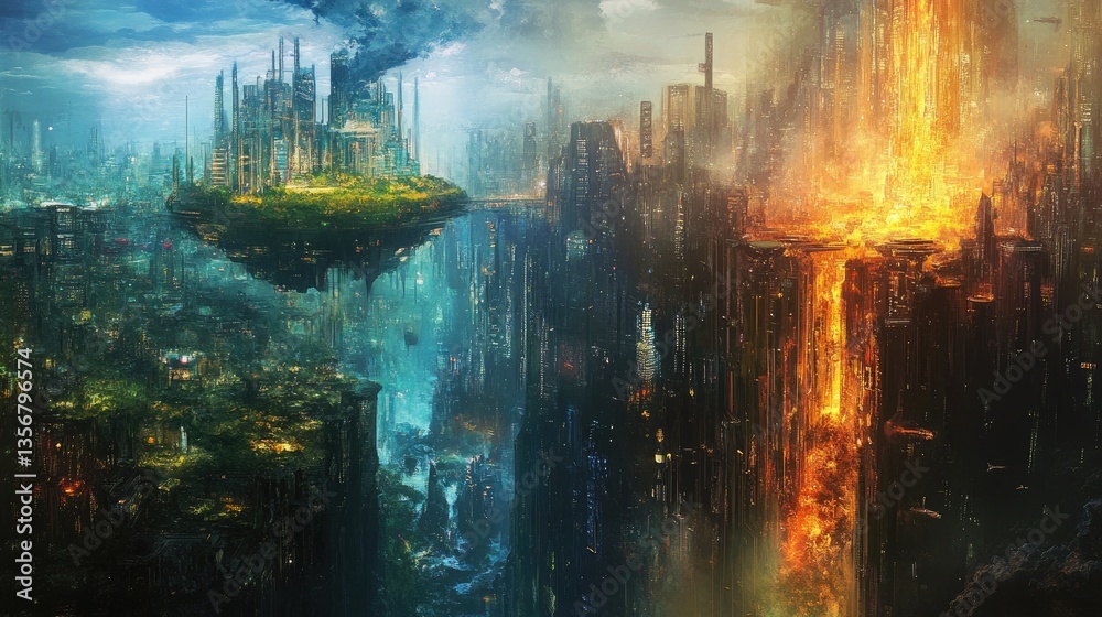 Fototapeta premium Futuristic cityscape with floating islands and contrasting elemental landscapes showcasing technology and nature in harmony