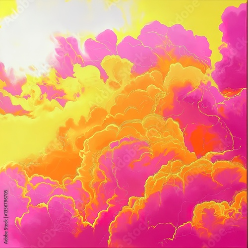 Bright neon pink and electric yellow clouds, bold and energetic with fluid glossy patterns
