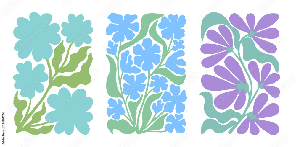 Fototapeta premium Set of groovy floral botanical background in trendy naive retro hippie 60s 70s style. Vertica blue poster with abstract wavy flower