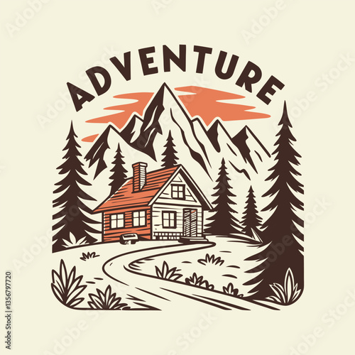 Wilderness Adventure Badge with Wooden Cabin and Snowy Peaks Illustration