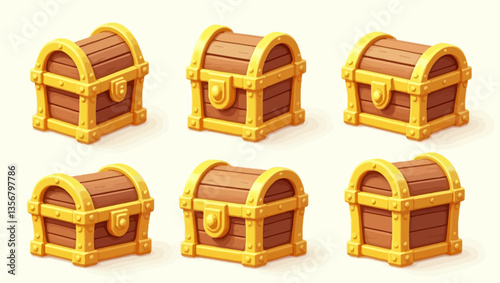 Set of 3D wooden treasure chests with golden details, perfect for game assets, pirate adventures, and fantasy themes.
