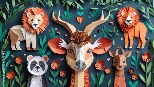 Colorful paper art depiction of diverse wildlife including a lion, panda, and antelope surrounded by vibrant flowers and leaves on a dark background.