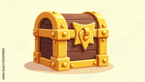 Fantasy style 3D treasure chest with detailed golden corners and symbolic lock emblem, set against a light background.