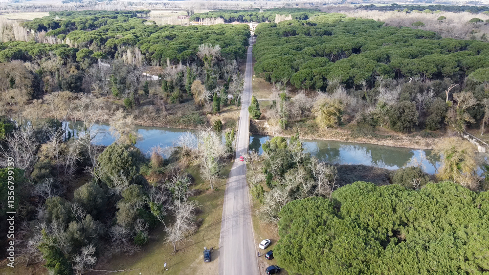 Stunning drone shot of San Rossore Park in Pisa, featuring forests and winding rivers