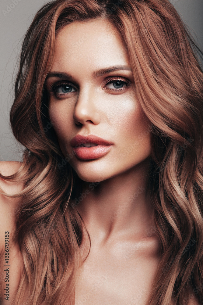 Fototapeta premium Fashion beauty portrait of young brunette woman with evening stylish makeup and perfect clean skin. Sexy model with curly hairstyle posing in studio