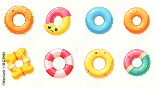 Cute 3D set of colorful inflatable swim rings in various fun designs for beach and pool parties.
