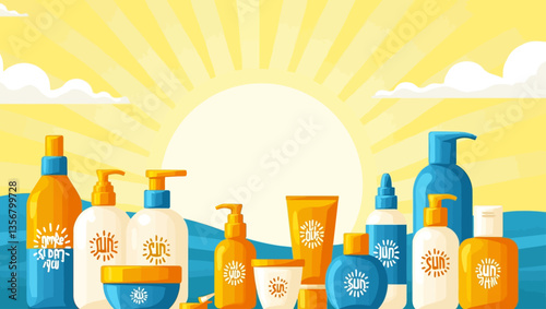 Bright summer sun background with a colorful collection of sunscreen and sun care product bottles arranged in front.