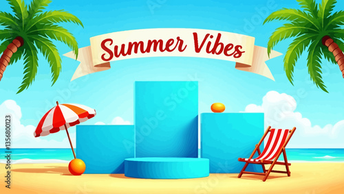 Bright "Summer Vibes" beach background with tropical palms, podiums, beach umbrella, lounge chair, and colorful beach ball.