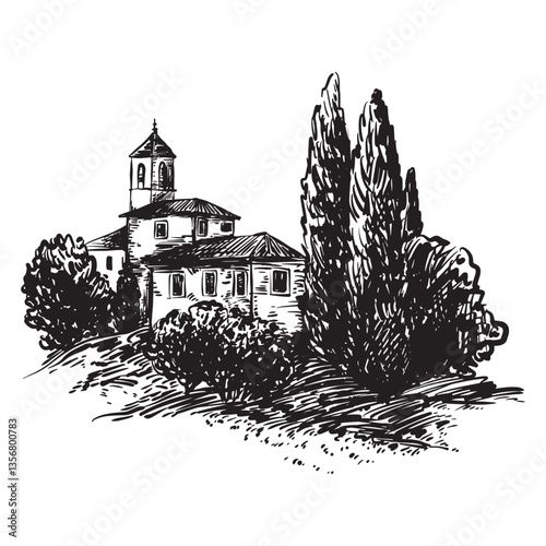 Vector black and white line art illustration of an Italian landscape with rolling hills, vineyards, cypress trees, and traditional architecture. Minimalistic and elegant, following the 2025 trend. 