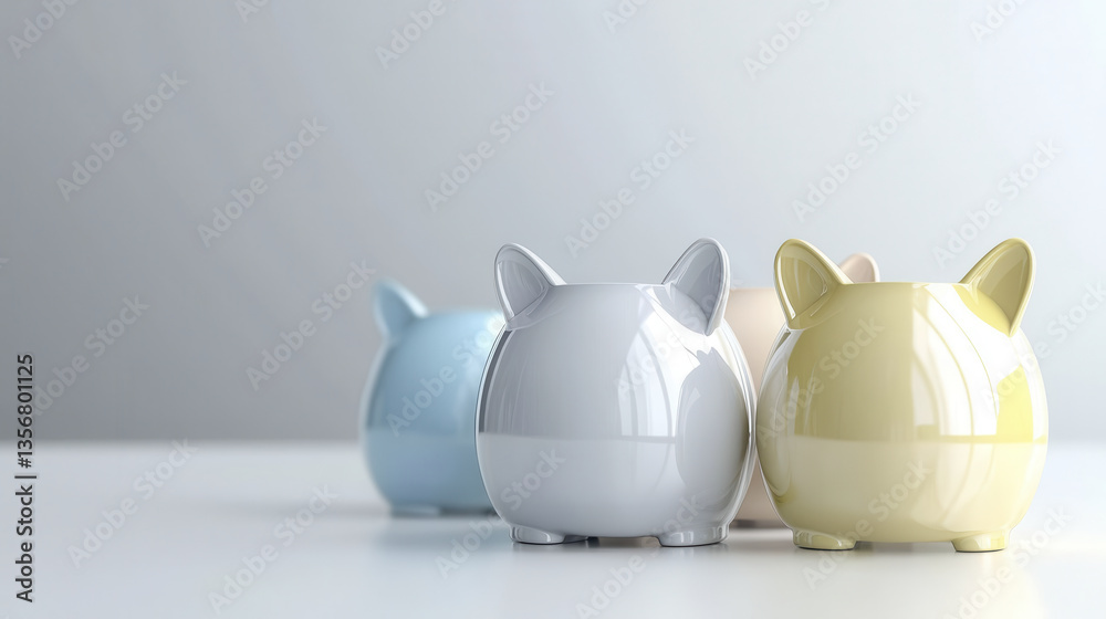 Colorful piggy banks in pastel shades on white surface, symbolizing savings and financial planning Colorful piggy banks in pastel shades on white surface, symbolizing savings and financial planning