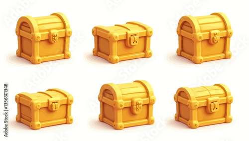 Set of 3D golden treasure chests in different designs, perfect for fantasy, adventure, gaming, and pirate concepts.