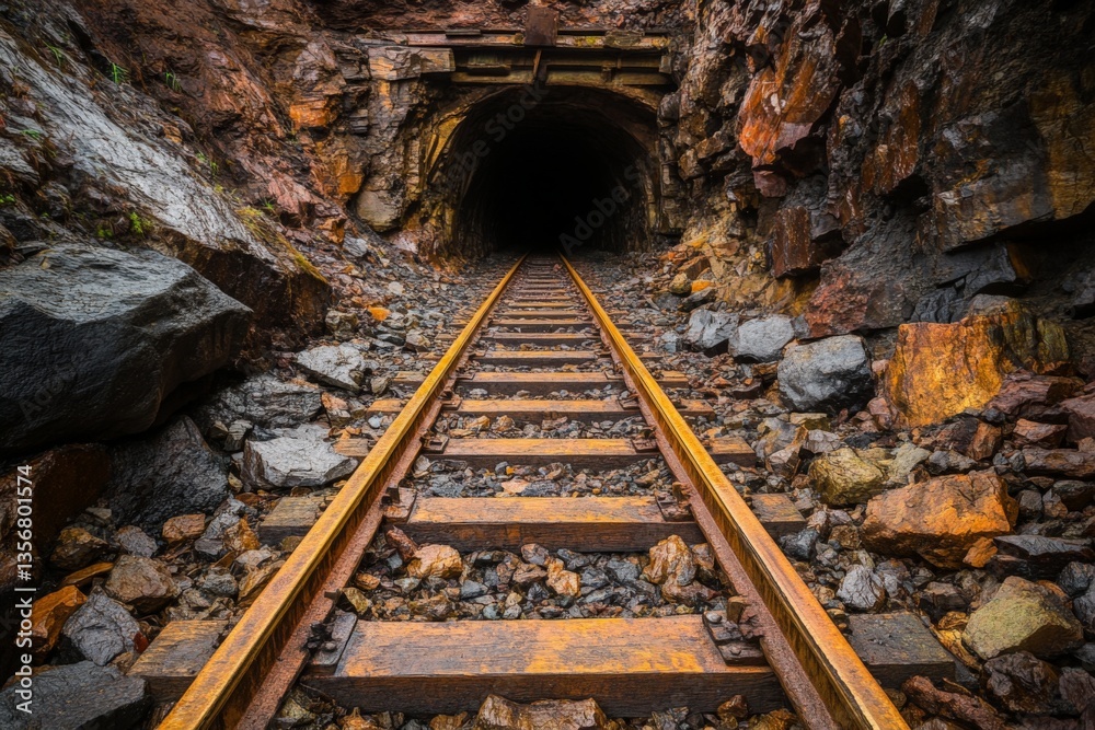 Naklejka premium Tracks leading into a dark mine entrance surrounded by rocky terrain in a remote location