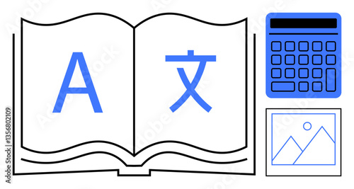 Open book displaying bilingual letters, accompanied by a calculator and an image frame. Ideal for education, translation, e-learning, language studies, literacy, digital tools, knowledge transfer