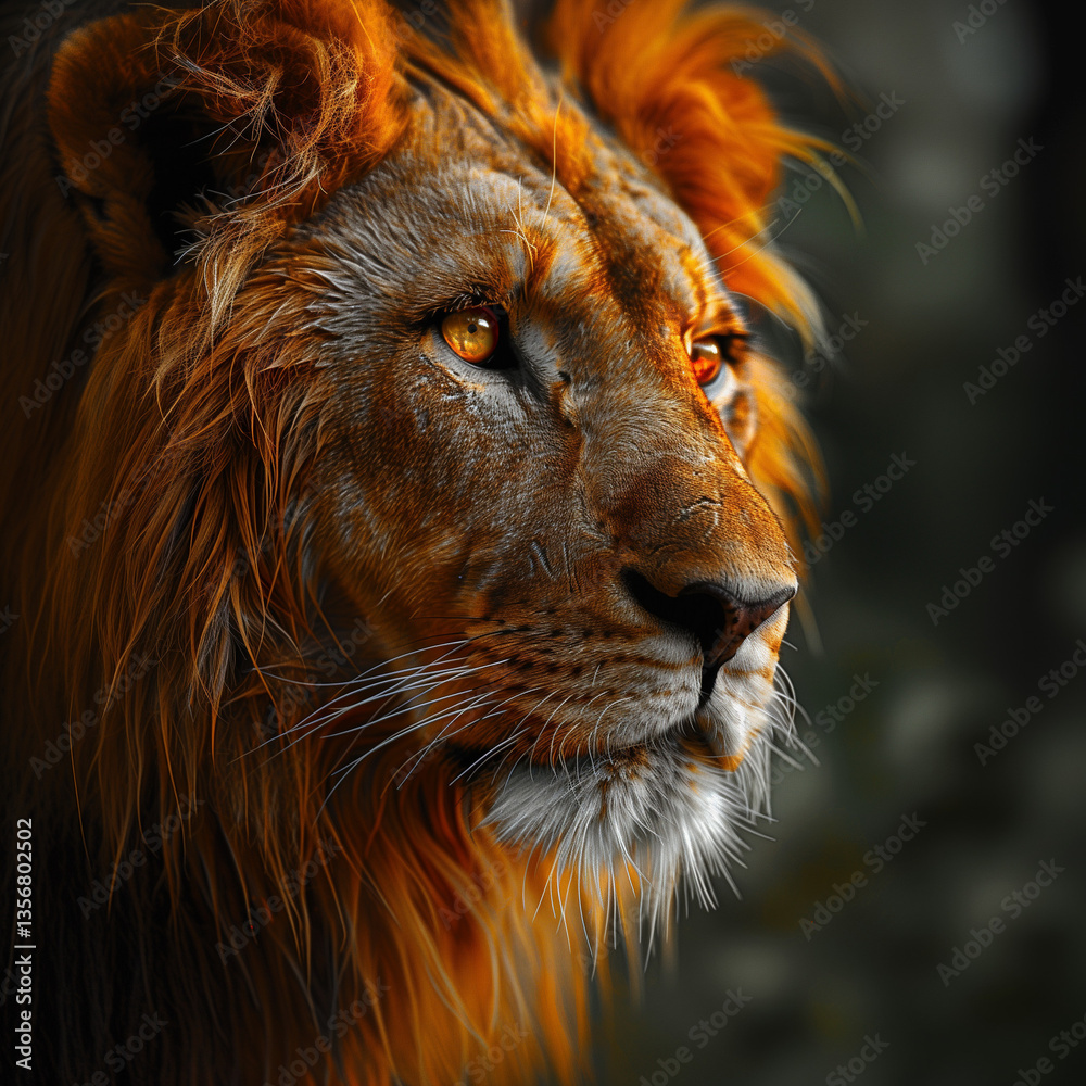 Naklejka premium Majestic lion portrait with golden mane and with stern look, regal animal in natural habitat, copy space