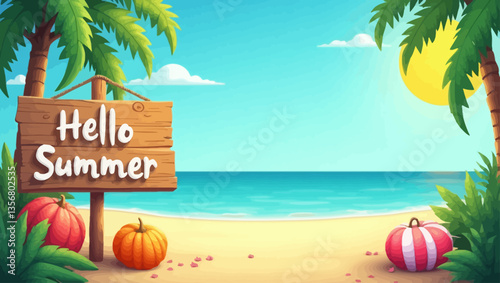 Summer beach scene with "Hello Summer" sign, pumpkins, palm trees, and ocean view under bright sky, blending summer and autumn vibes creatively.