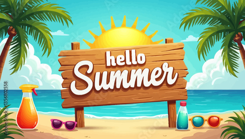 Fun beach scene with "Hello Summer" sign, tropical drinks, sunglasses, colorful beach accessories, palm trees, and bright sunny sky, perfect for summer themes.