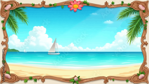 Beautiful tropical beach scene with blue ocean, white sailboat, and artistic wooden floral frame, perfect for summer, travel, and vacation designs.