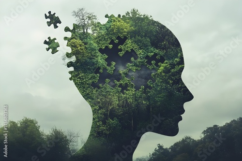 Eco-Anxiety concept depicted by a human head shape with extracted puzzle pieces, symbolizing fear of environmental doom and unease about future catastrophes, captured in high quality.