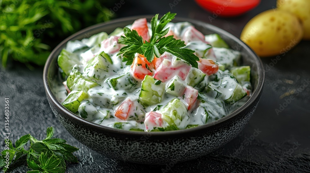 Creamy cucumber and tomato salad in a bowl, a refreshing culinary delight Creamy cucumber and tomato salad in a bowl, a refreshing culinary delight