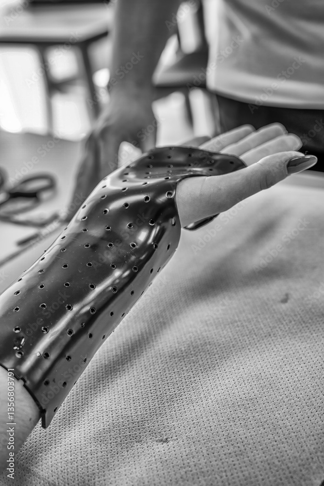 Hand splint application by a professional therapist in a modern physiotherapy center